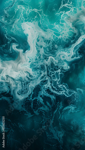 abstract wallpaper, teal ocean waves with white foam, fluid motion and dynamic texture, vertical © Laurent