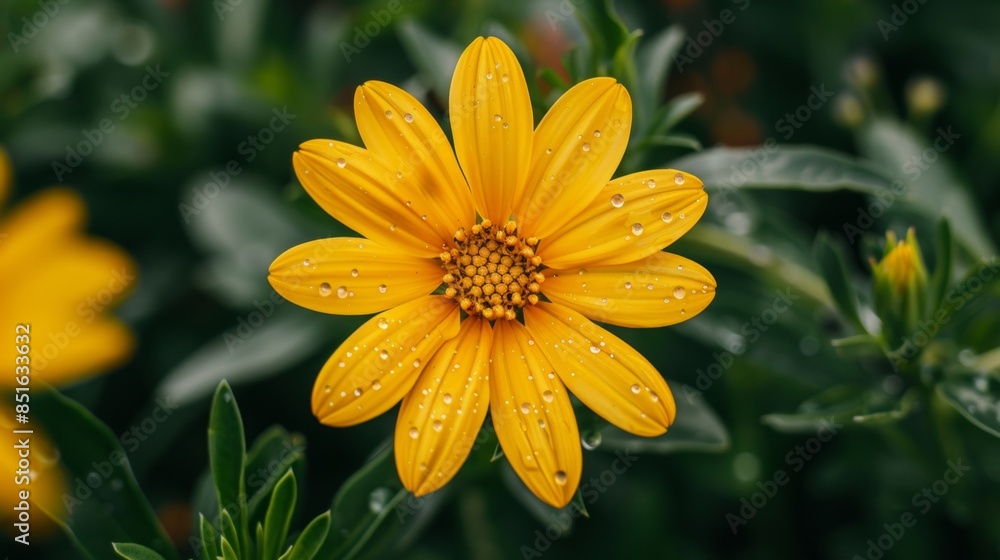 Bright yellow daisy with water droplets on green foliage background Bright yellow daisy with water droplets on green foliage background