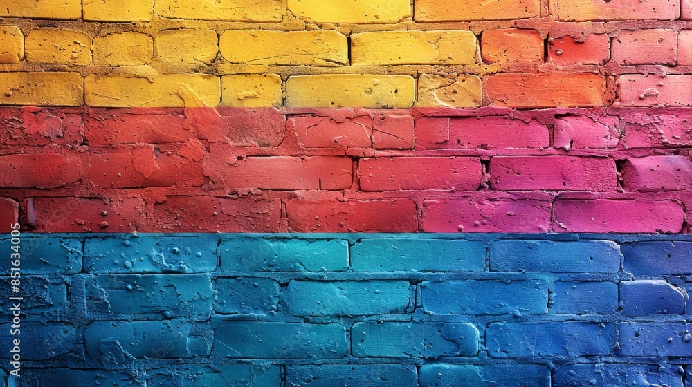 Fototapeta premium A vividly colored brick wall featuring a gradient of rainbow hues, provides a textured backdrop
