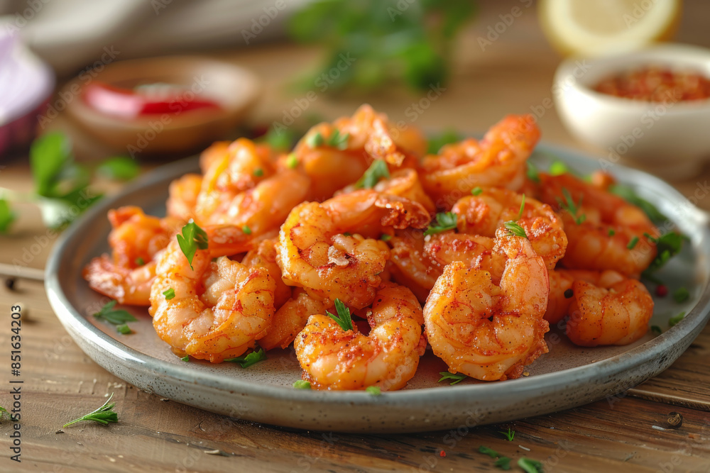 a plate of delicious fried shrimp with spices on wooden table a plate of delicious fried shrimp with spices on wooden table