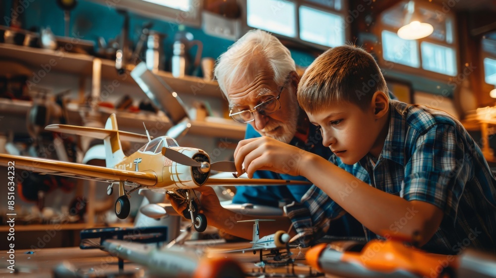 Senior man building a model airplane with a young boy in a lively workshop Senior man building a model airplane with a young boy in a lively workshop