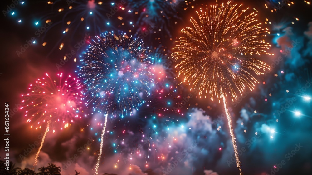 A stunning array of fireworks blooms in the night, showcasing warm colors and intricate patterns