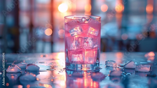 A refreshing drink with ice in a clear glass, illuminated by a warm sunset with a bokeh background