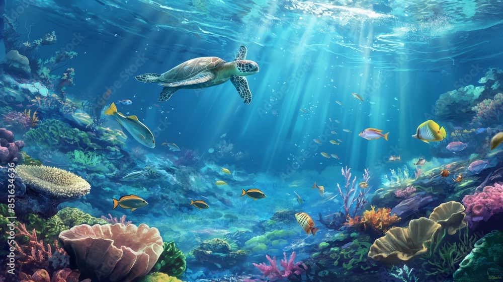 Obraz premium A tranquil sea turtle swims gracefully above a vibrant coral reef filled with colorful fish and diverse marine life.