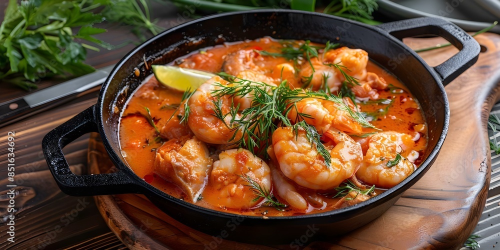 Savor a modern twist on traditional Brazilian fish stew in a cast iron dish. Concept Brazilian Cuisine, Fish Stew, Modern Twist, Cast Iron Dish, Traditional Recipe Savor a modern twist on traditional Brazilian fish stew in a cast iron dish. Concept Brazilian Cuisine, Fish Stew, Modern Twist, Cast Iron Dish, Traditional Recipe
