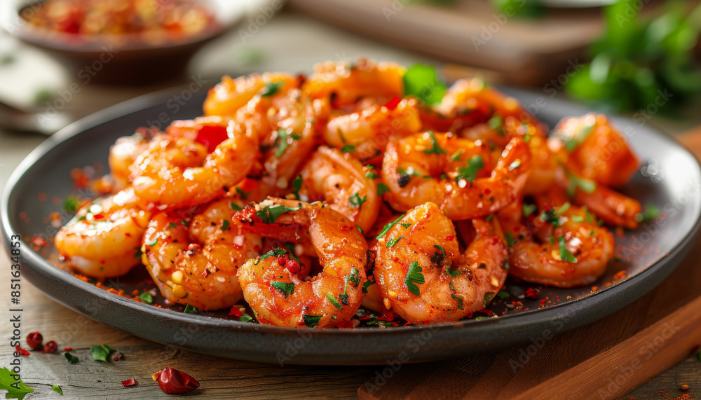 a plate of delicious fried shrimp with spices on wooden table
