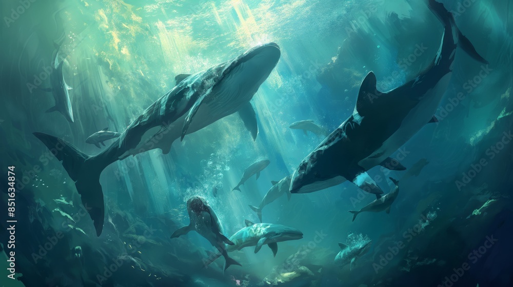 Fototapeta premium A pod of whales swims harmoniously in the deep, illuminated by ethereal light rays filtering through the ocean's surface, creating a serene underwater spectacle.
