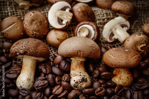 Rustic gourmet mushrooms and coffee beans closeup