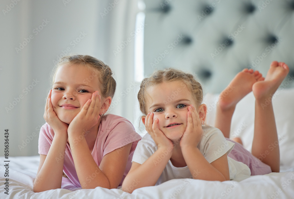 Sisters, kids and portrait to relax in bedroom, morning and wake up together in home. Girls, children and weekend for lying on bed or bonding for relationship, support and peace in security of unity Sisters, kids and portrait to relax in bedroom, morning and wake up together in home. Girls, children and weekend for lying on bed or bonding for relationship, support and peace in security of unity