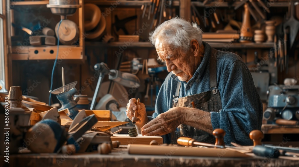 Senior man crafting wooden toys in his well-equipped workshop Senior man crafting wooden toys in his well-equipped workshop