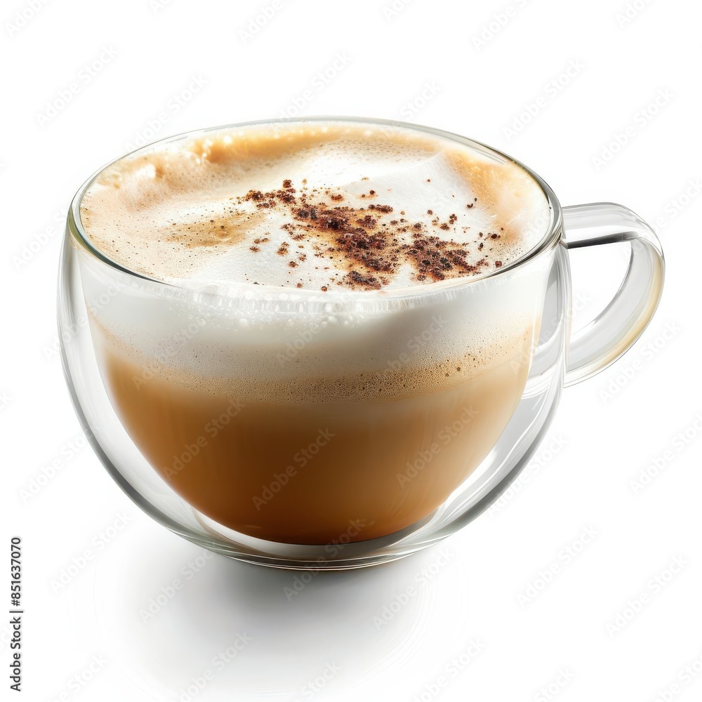 Clear coffee cup filled with Cappuccino, isolated white background, studio lighting for focused advertising Clear coffee cup filled with Cappuccino, isolated white background, studio lighting for focused advertising