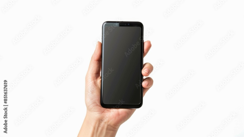 Hand holding a black smartphone with blank screen isolated on white background Hand holding a black smartphone with blank screen isolated on white background