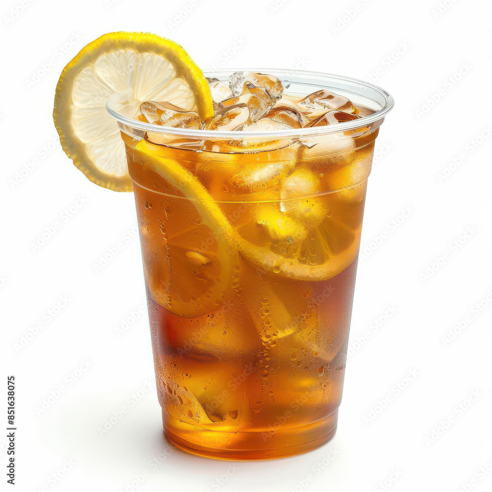 Clear plastic cup filled with Iced Lemon Tea, isolated white background, studio lighting for focused advertising Clear plastic cup filled with Iced Lemon Tea, isolated white background, studio lighting for focused advertising