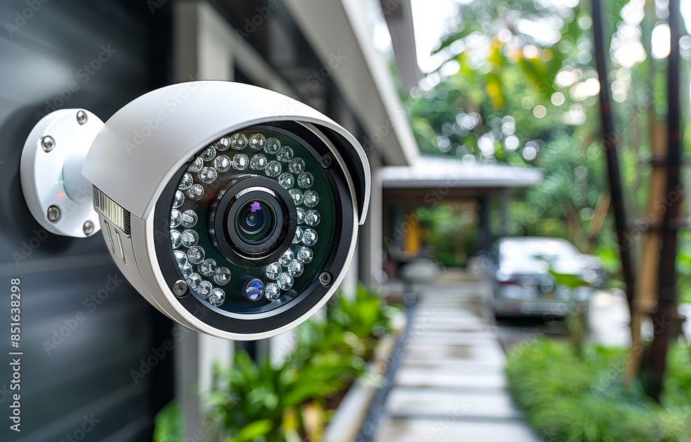Security Camera Mounted on Home Exterior. A close-up of a security camera mounted on a homes exterior wall. Security Camera Mounted on Home Exterior. A close-up of a security camera mounted on a homes exterior wall.
