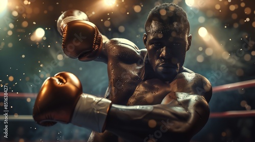 African LGBTQ boxer delivering a knockout punch, dramatic lighting, muscular physique, intense atmosphere, ringside audience, realistic textures, victory moment © NiponTK