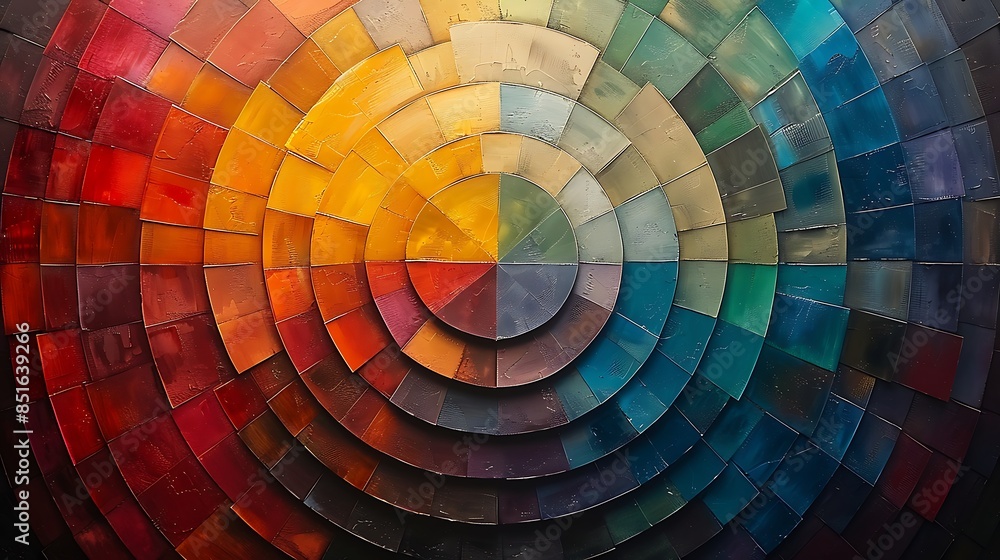 Fototapeta premium Gradient-filled trapezoids arranged in a radiating pattern, vibrant colors, hd quality, digital art, high contrast, geometric design, modern aesthetic, dynamic composition, artistic abstraction