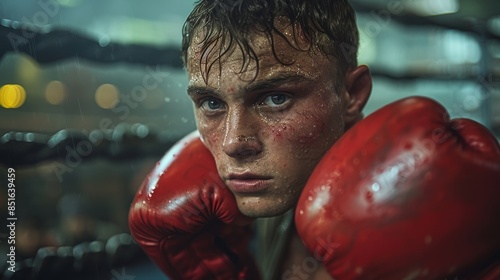 Close-up of a focused male boxer with sweaty face and red gloves, determination evident in his eyes photo