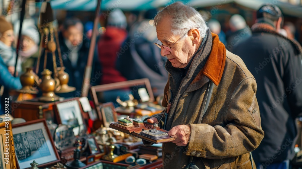 Senior man examining antiques at a lively flea market on a sunny morning Senior man examining antiques at a lively flea market on a sunny morning