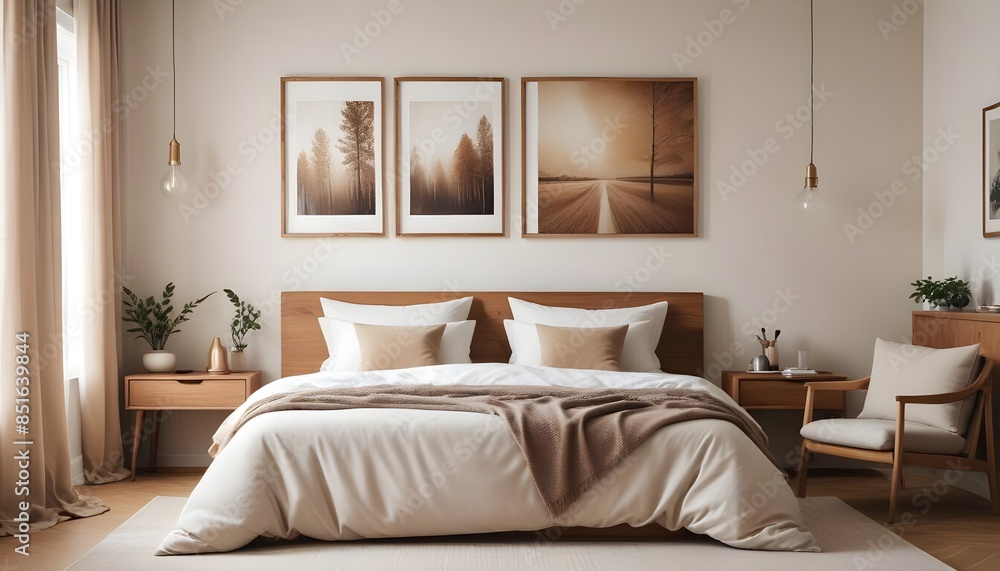 Frame mockup in modern bedroom with empty poster frame Frame mockup in modern bedroom with empty poster frame