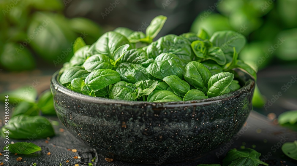 Fresh basil leaves overflow from a black ceramic bowl, emphasizing the herb's lush and aromatic qualities Fresh basil leaves overflow from a black ceramic bowl, emphasizing the herb's lush and aromatic qualities
