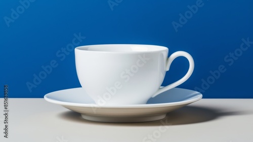 White coffee cup and saucer on blue background with soft shadow