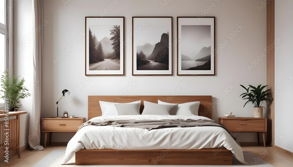 Frame mockup in modern bedroom with empty poster frame Frame mockup in modern bedroom with empty poster frame
