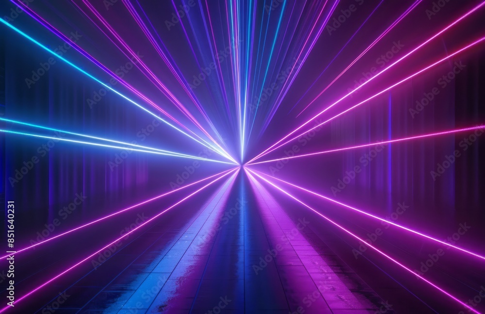 Fototapeta premium Black background, purple and blue laser beams, laser beam lights shining on the black ground