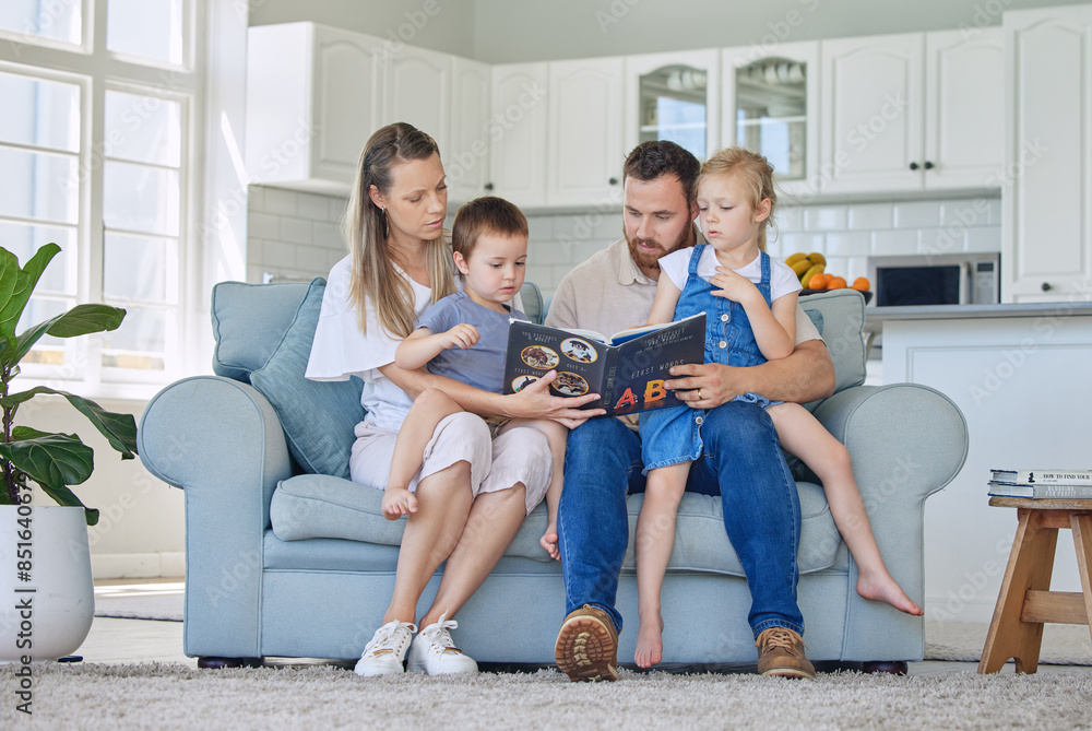 Parents, kids and home with storytelling on sofa for fantasy, bonding and care with education. Family, people and support with learning on book reading for knowledge, information and child growth Parents, kids and home with storytelling on sofa for fantasy, bonding and care with education. Family, people and support with learning on book reading for knowledge, information and child growth