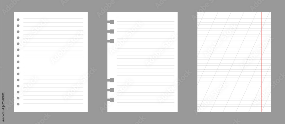 Set of notebook sheets isolated on gray background. Realistic white blanks of lined paper. Different vertical pages from diary. Vector template. Set of notebook sheets isolated on gray background. Realistic white blanks of lined paper. Different vertical pages from diary. Vector template.