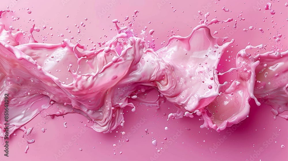 Close-up image of a pink liquid splash, showcasing abstract patterns and a silky texture against a pink background Close-up image of a pink liquid splash, showcasing abstract patterns and a silky texture against a pink background