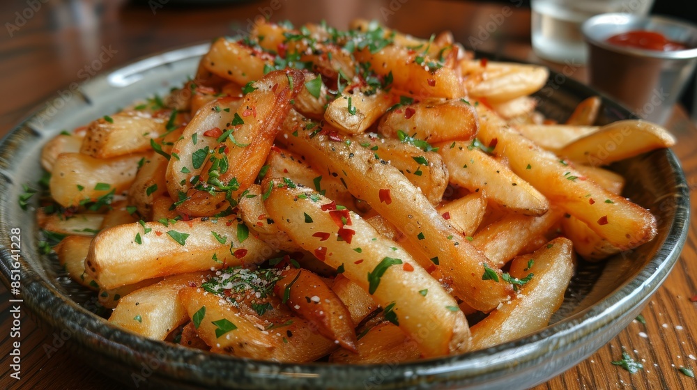 High-quality image of seasoned french fries served in a bowl on a wooden table, sprinkled with herbs High-quality image of seasoned french fries served in a bowl on a wooden table, sprinkled with herbs