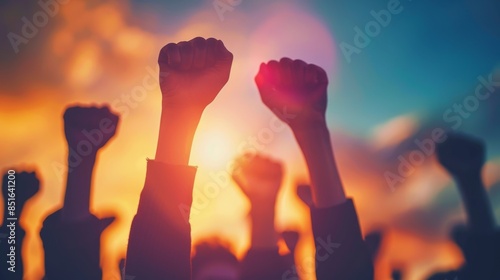 Protest strike and demonstration concept people holding hands up in fists