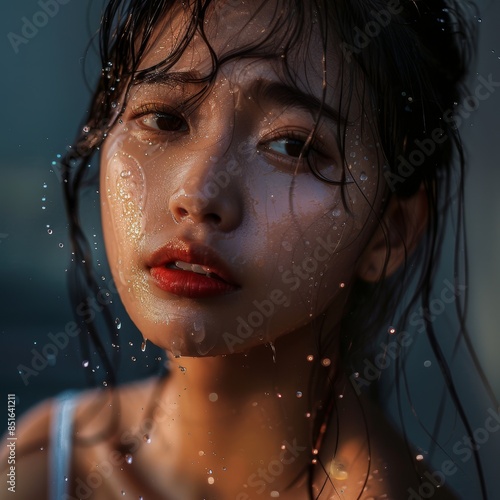 Artistic shot of a young Asian woman with water droplets on her skin, emphasizing freshness against a dark, moody background. 