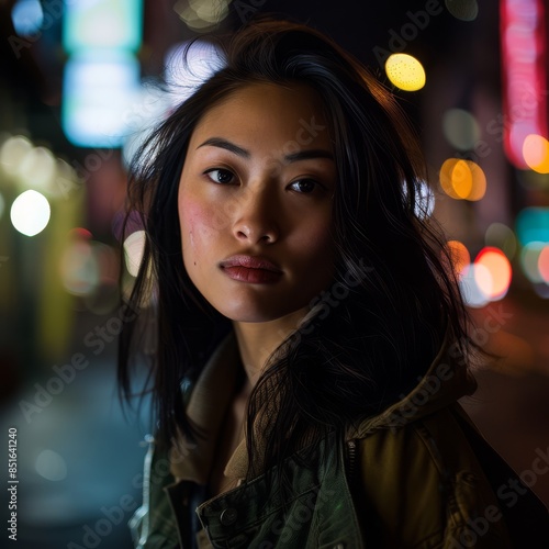 Cinematic night shot of a young Asian woman under city lights, her skin radiant and features accentuated by the ambient street lighting. 