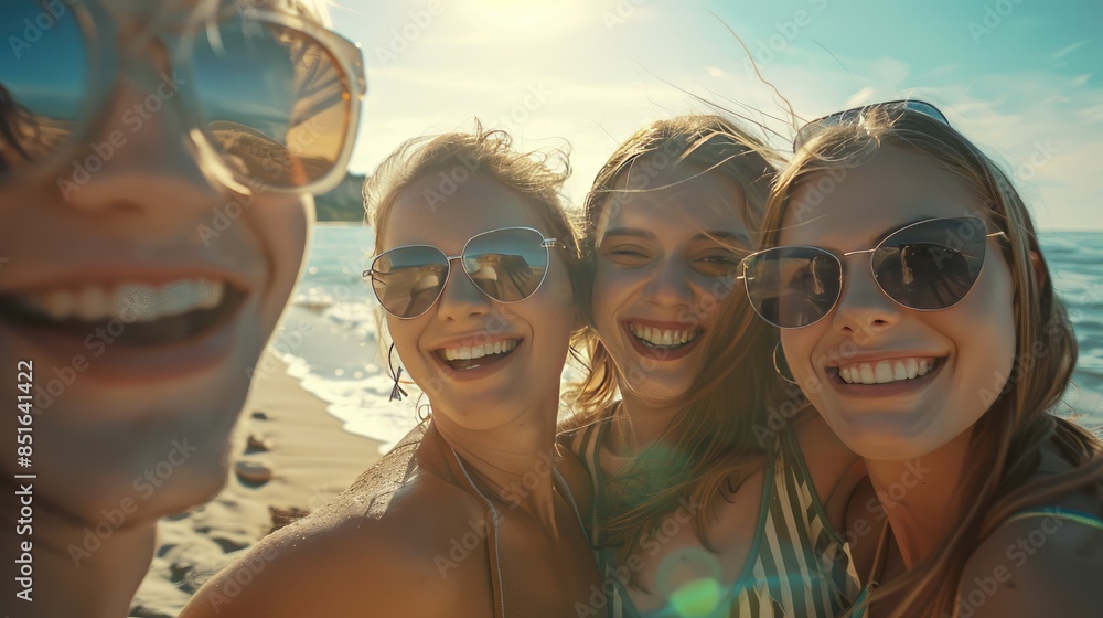 Group of friends having fun at the beach, taking a cheerful selfie under the sun, capturing happy moments of their summer vacation by the ocean Group of friends having fun at the beach, taking a cheerful selfie under the sun, capturing happy moments of their summer vacation by the ocean