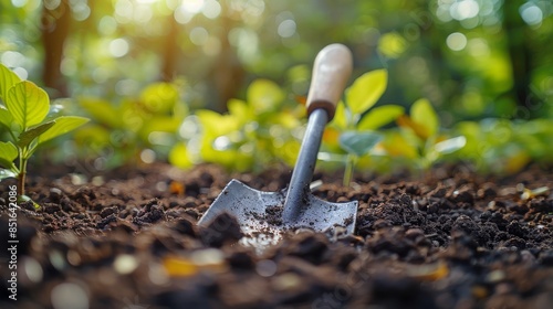 Sunlight touches a gardening shovel embedded in rich, dark soil, surrounded by young plants