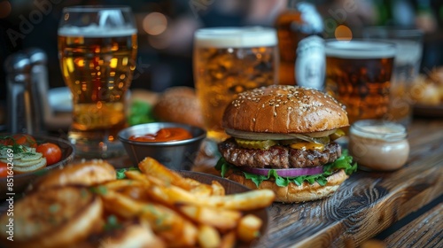This appetizing image features a juicy burger, crispy fries, and golden beer in a pub-like atmosphere with a blurred background © svastix