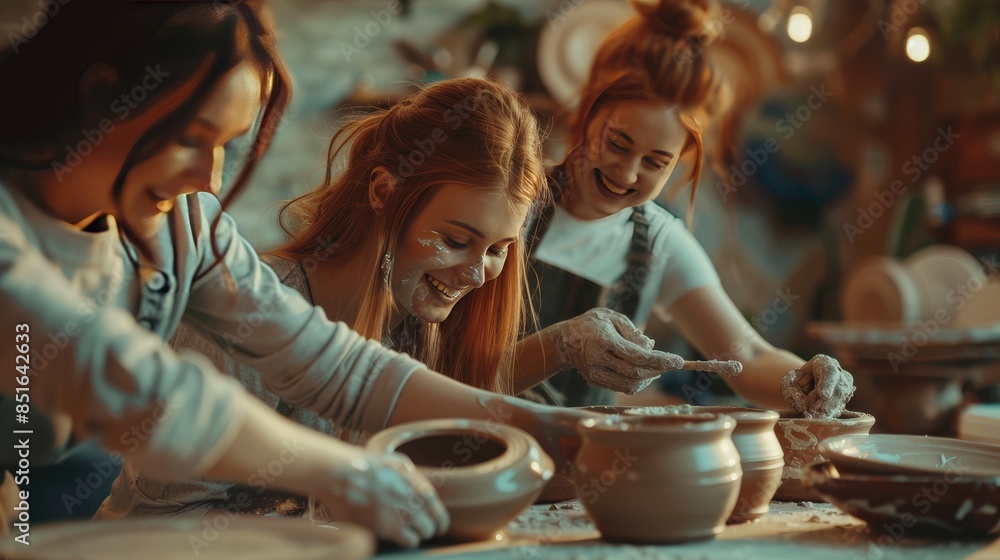 Women enjoying a pottery class together, smiling and creating ceramic pieces, showcasing creativity, fun, and artistic expression in a vibrant and lively setting Women enjoying a pottery class together, smiling and creating ceramic pieces, showcasing creativity, fun, and artistic expression in a vibrant and lively setting