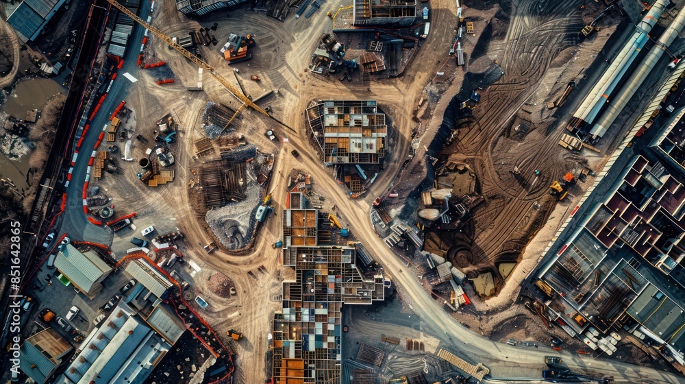 panoramic view of a construction site showing the layout of buildings, roads, and equipment panoramic view of a construction site showing the layout of buildings, roads, and equipment