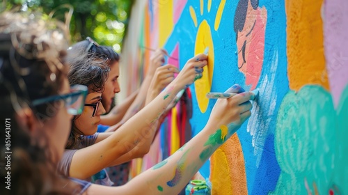 Teenagers painting a colorful mural on a wall, showcasing creativity, teamwork, and community spirit in a vibrant and artistic outdoor setting photo