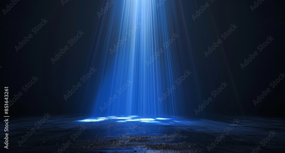 Black background with blue light rays shining down on the ground, creating an atmospheric scene Black background with blue light rays shining down on the ground, creating an atmospheric scene