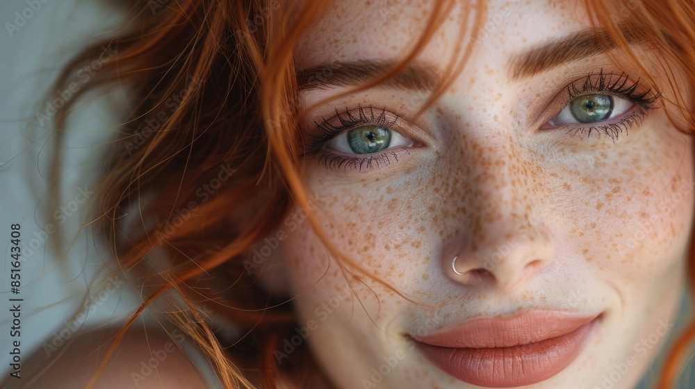 Intimate face of a red-haired woman with green eyes looking at the camera, freckles enhancing her beauty Intimate face of a red-haired woman with green eyes looking at the camera, freckles enhancing her beauty