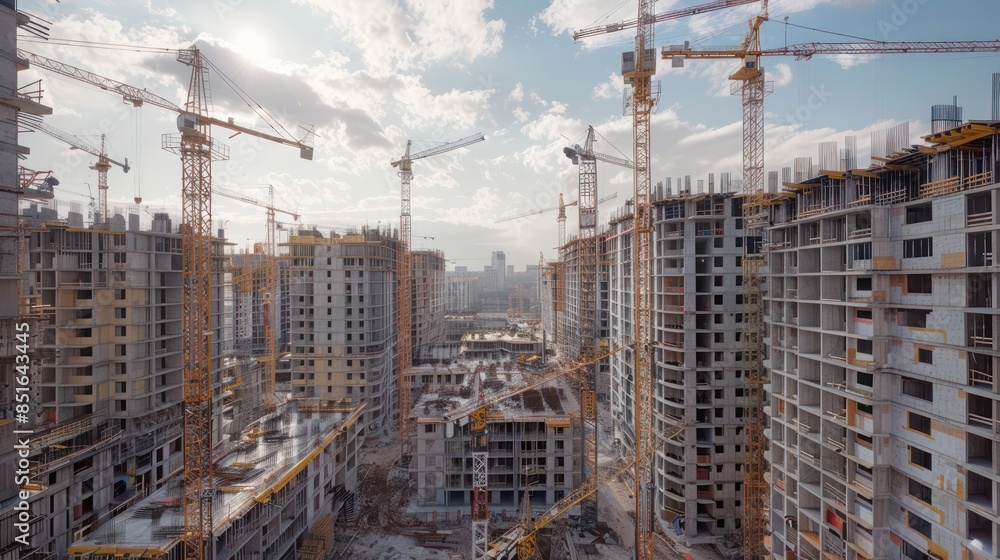 panoramic view of a construction site with multiple cranes and buildings at various stages of completion panoramic view of a construction site with multiple cranes and buildings at various stages of completion