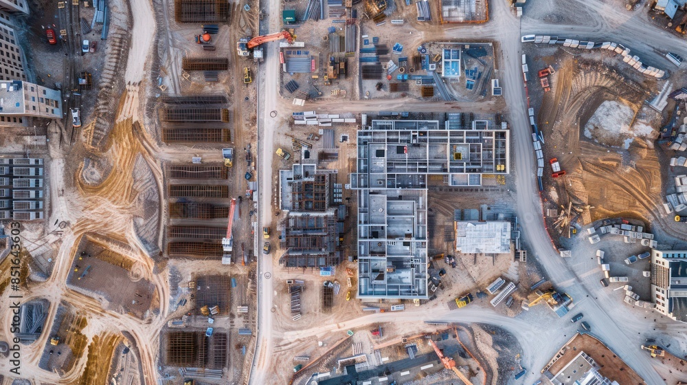 panoramic view of a construction site showing the layout of buildings, roads, and equipment panoramic view of a construction site showing the layout of buildings, roads, and equipment