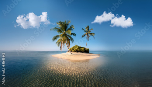 Beautiful isolated desert island with palm trees in the topical sea. Bright sunny day with blue sky with fluffy white clouds.
