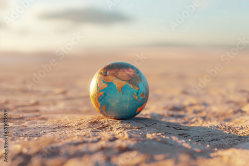 Globe on a dry and barren desert. Sunset. Global warming.