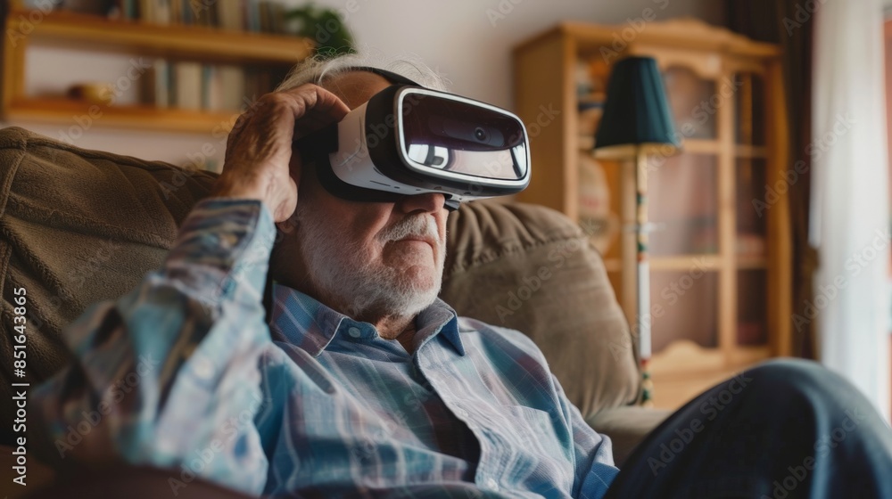 Senior man exploring the world through virtual reality glasses, sitting on his couch Senior man exploring the world through virtual reality glasses, sitting on his couch