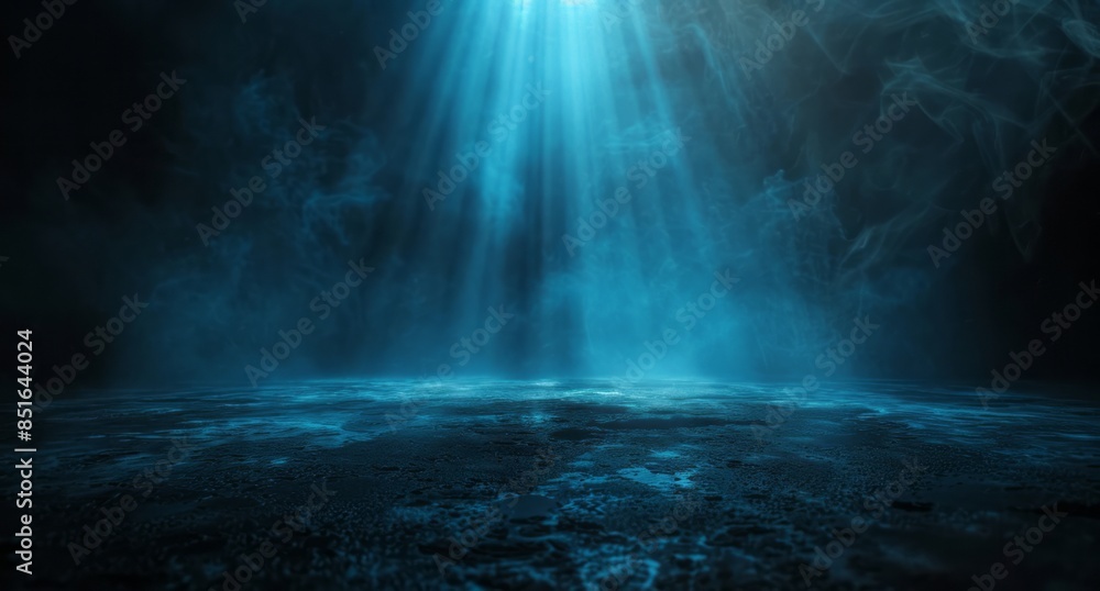 Black background with blue light rays, spotlight on the ground Black background with blue light rays, spotlight on the ground