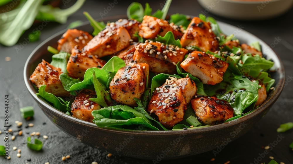 A delicious grilled chicken salad topped with sesame seeds, served in a ceramic bowl on a dark table A delicious grilled chicken salad topped with sesame seeds, served in a ceramic bowl on a dark table