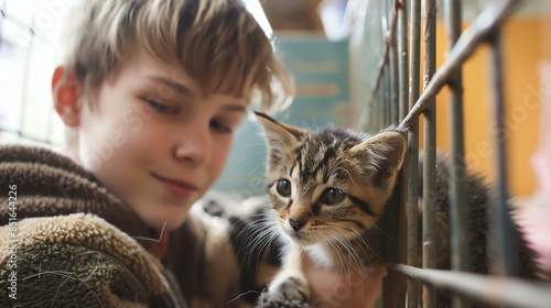 Young boy looking at a kitten in a cage at an animal shelter. The boy's face is out of focus, but his eyes are smiling. photo